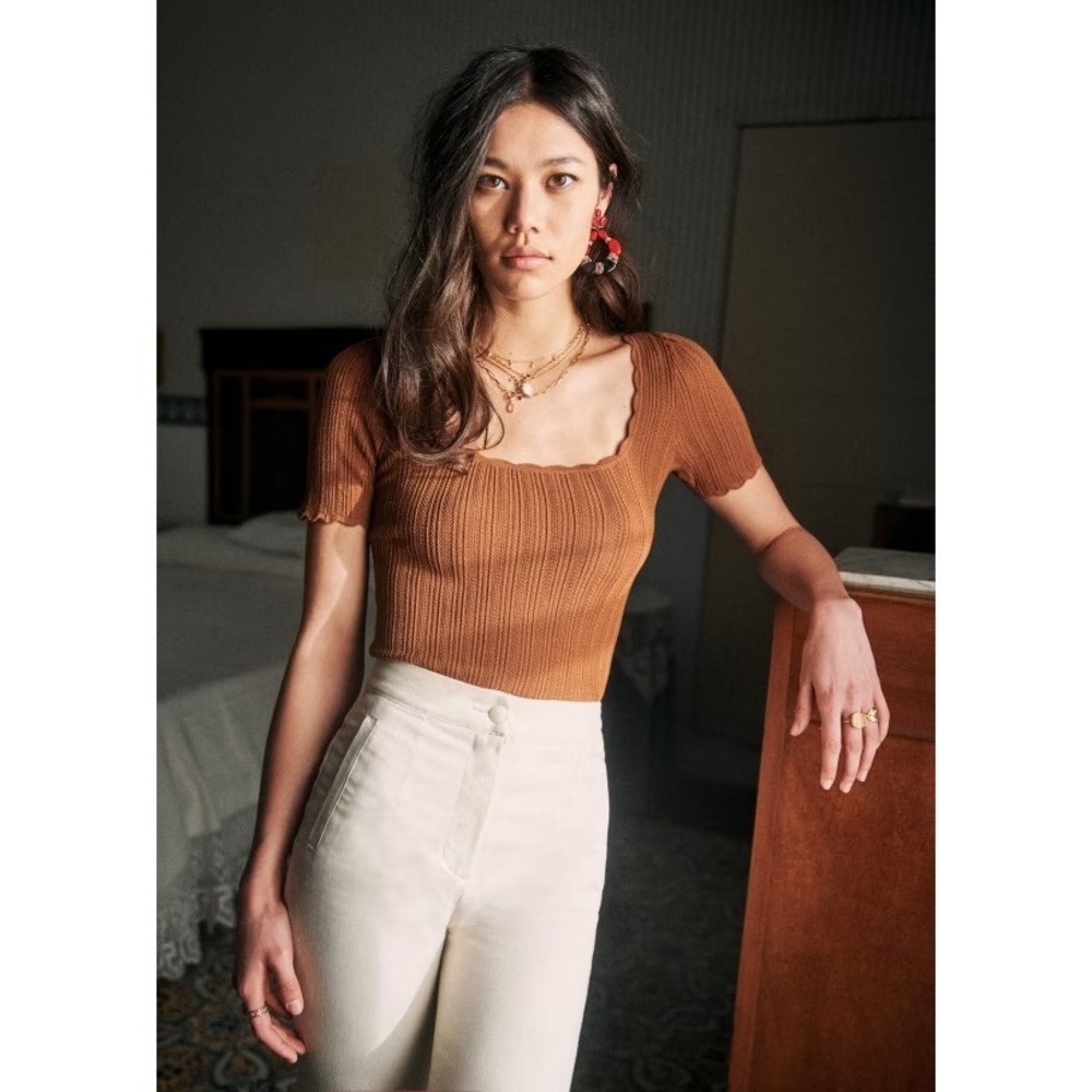 NWT Sezane Anil Square Neck Pointelle Sweater Jumper S 2 4 Coffee Brown Scallop